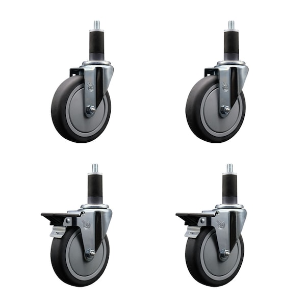 5'' Thermoplastic Rubber Wheel Swivel 1-1/4'' Expanding Stem Caster Set 2 Brakes, 4PK